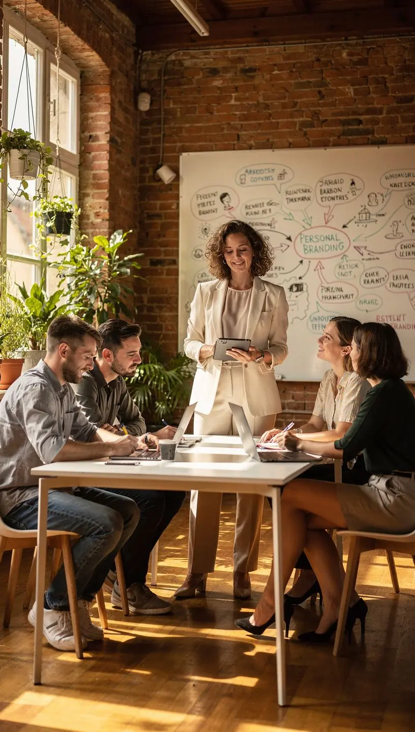 Sikeres személyes márkaépítés folyamatának ábrázolása, ahol egy ember magabiztosan mutatkozik be a közönség előtt.